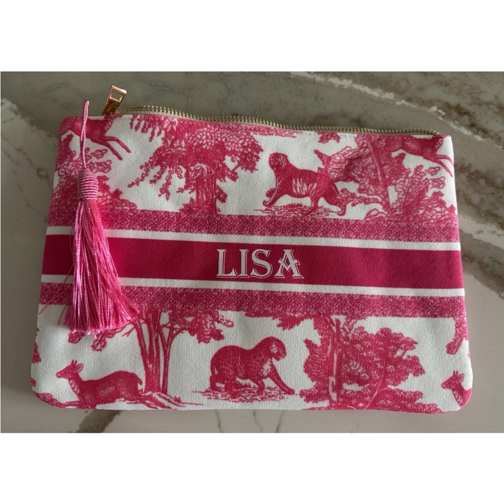 Pretty In Pink Toile Cosmetic, Purse Clutch Personalized “Lisa” NWOT